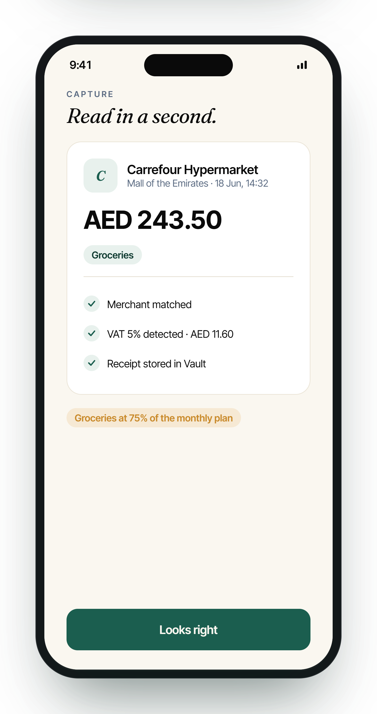 Capture screen reading a receipt
